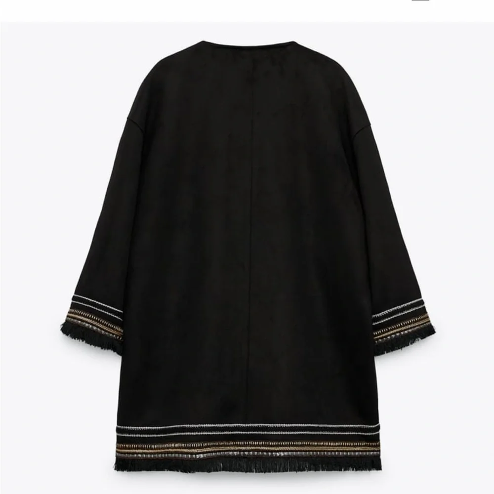 ZARA Combination Faux Suede Embroidered Fringe Hem Jacket Black
